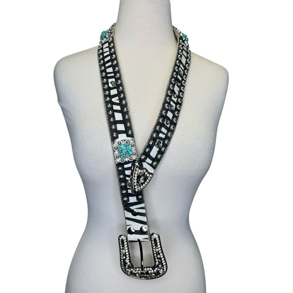 Nocona Womens Small Belt Rhinestone Embellished Turquoiseโ Zebra Leather Studded